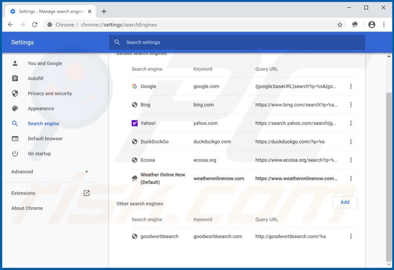 Removing weatheronlinenow.com from Google Chrome default search engine