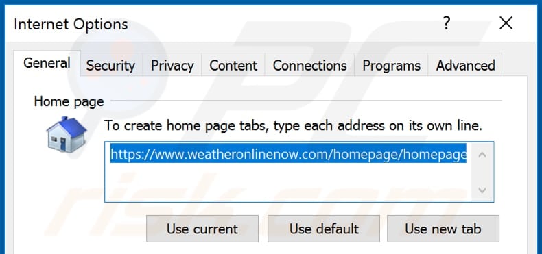 Removing weatheronlinenow.com from Internet Explorer homepage