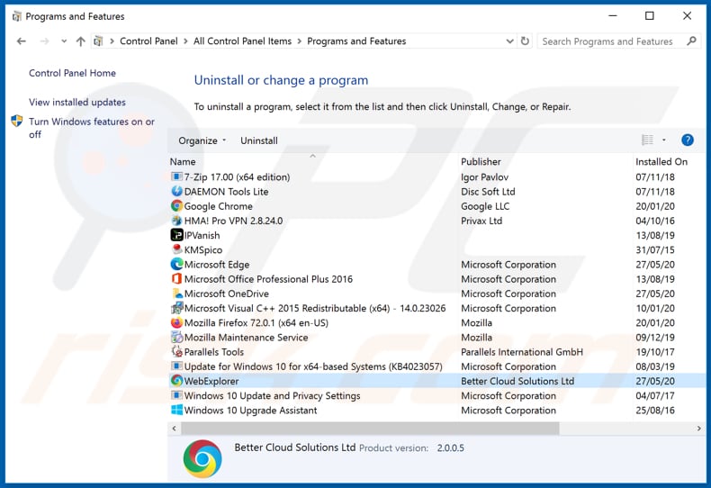 WebExplorer Browser adware uninstall via Control Panel
