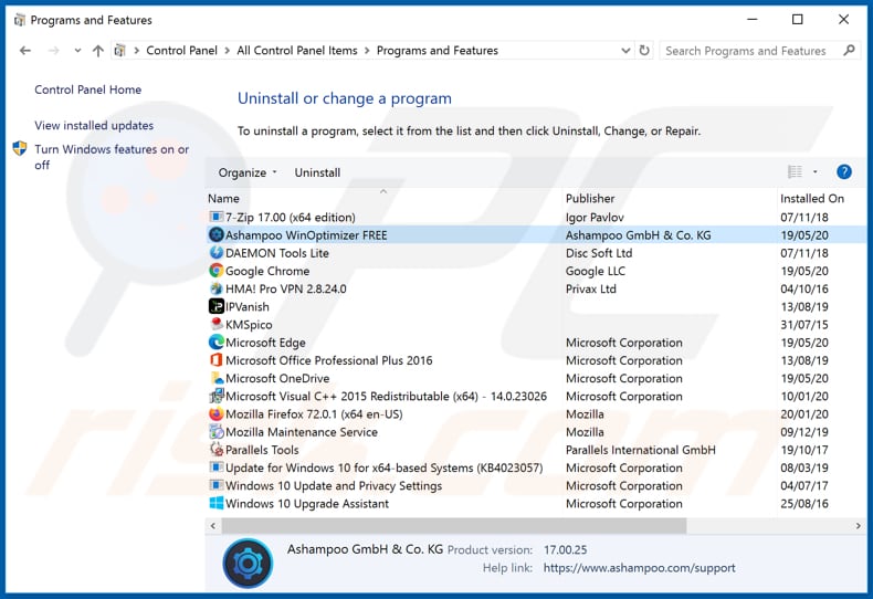 WinOptimizer adware uninstall via Control Panel