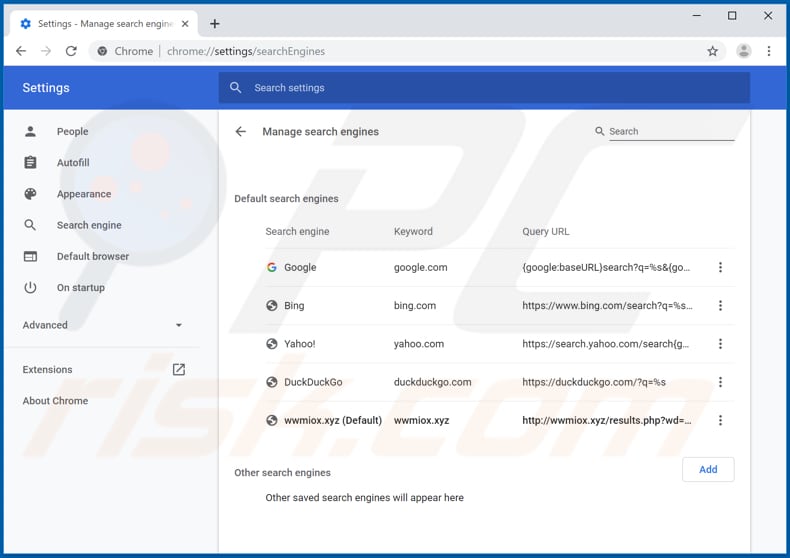 Removing wwmiox.xyz from Google Chrome default search engine