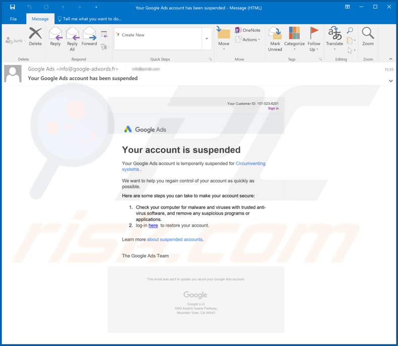 Your Google Ads account has been suspended email spam campaign