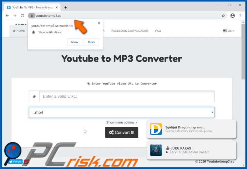 youtubetomp3[.]sc redirecting to promotional site of browser hijacker (GIF)