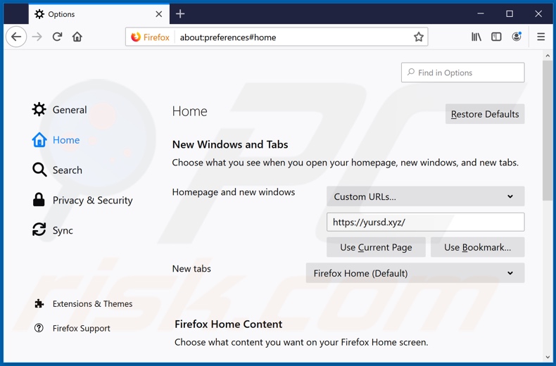 Removing yursd.xyz from Mozilla Firefox homepage