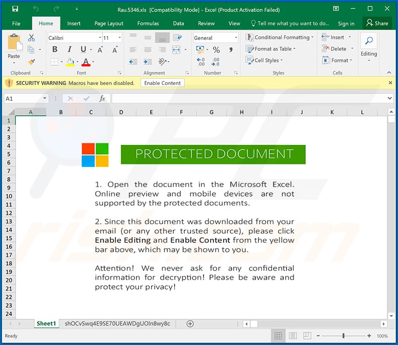 ZLoader malware-distributing malicious MS Excel document