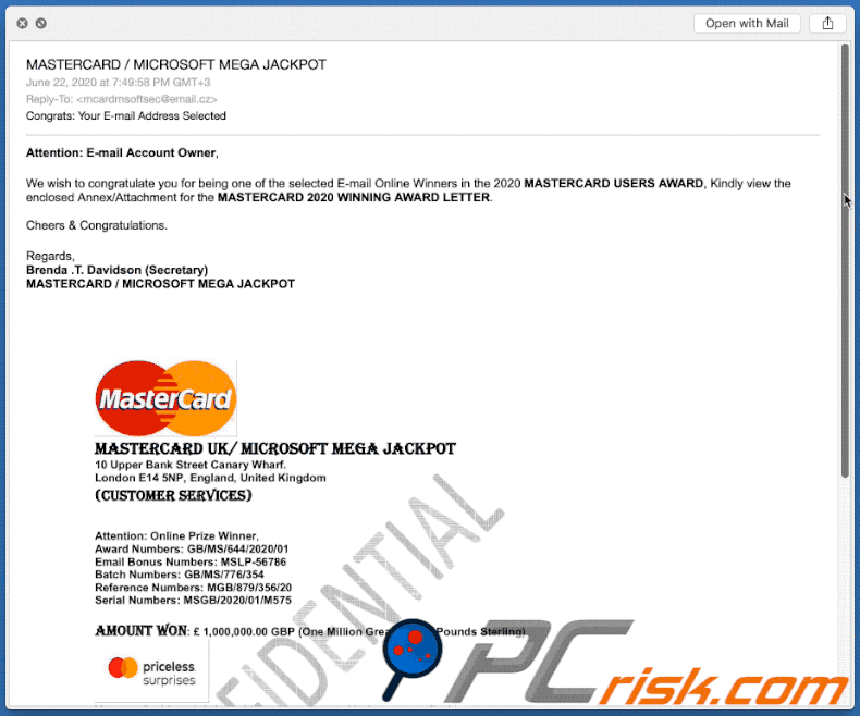 2020 mastercard users award email scam appearance in gif image