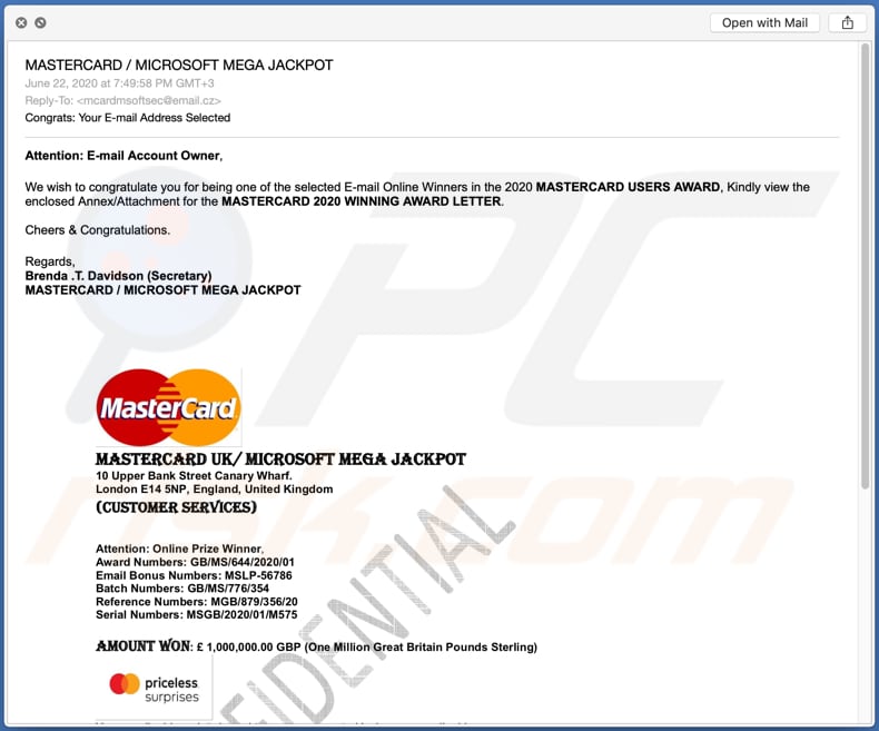 2020 MASTERCARD USERS AWARD email spam campaign