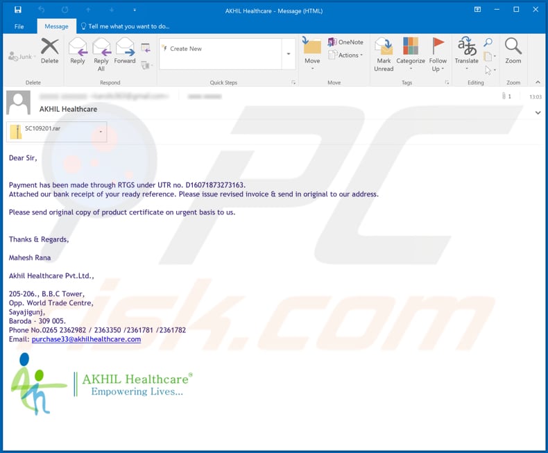 AKHIL Healthcare Email Virus malware-spreading email spam campaign