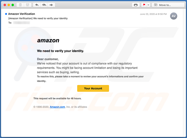 Amazon-themed phishing email (2020-06-29)