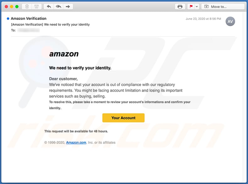 Amazon-themed phishing email (2020-06-29)