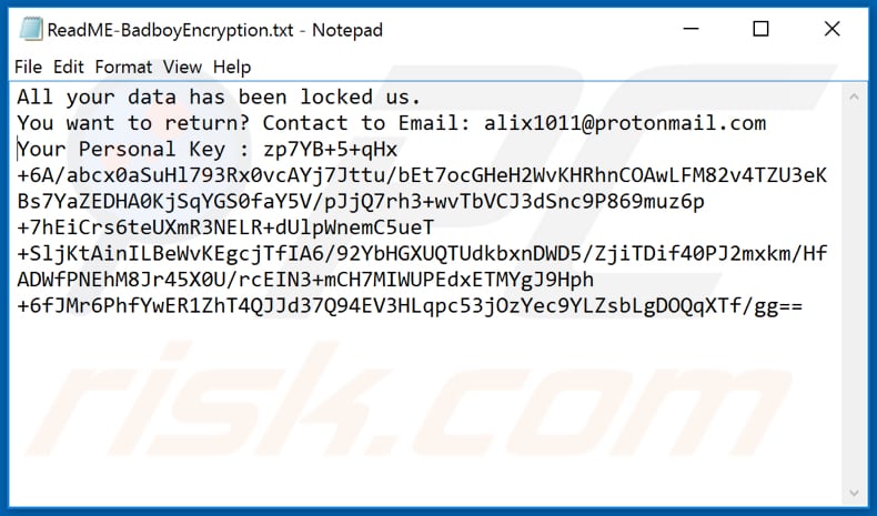 Badboy ransomware text file (ReadME-BadboyEncryption.txt)