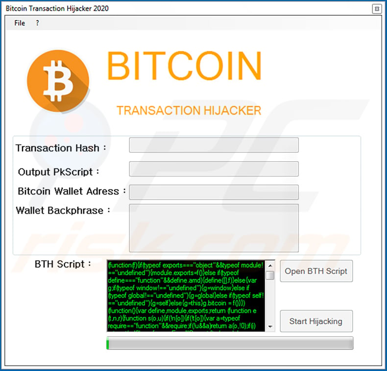 Fake Bitcoin transaction hijacker used for phishing purposes