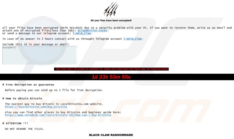 Black Claw decrypt instructions (RECOVER YOUR FILES.hta)