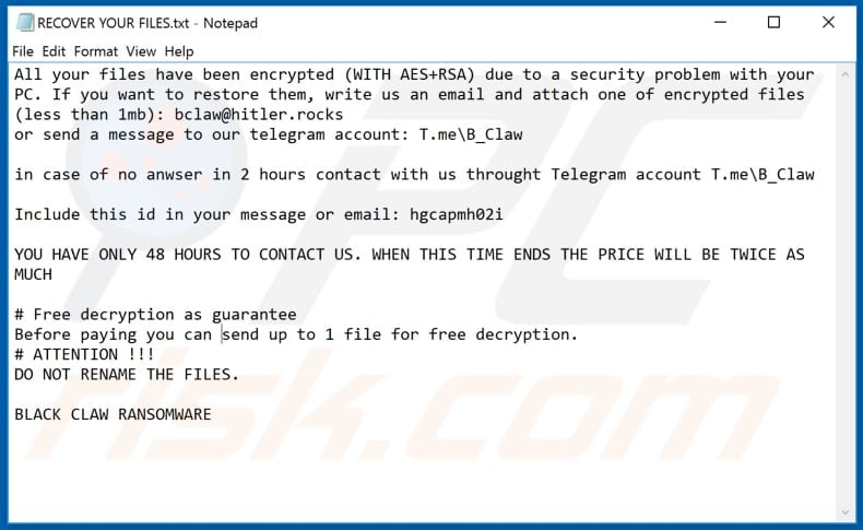 Black Claw ransomware text file (RECOVER YOUR FILES.txt)