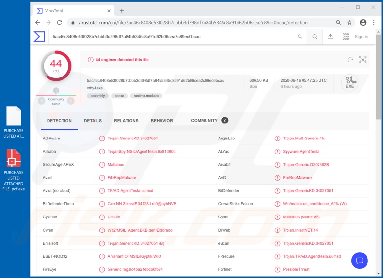 BOTAS email attachment (PURCHASE LISTED ATTACHED FILE. pdf.exe) detections on VirusTotal