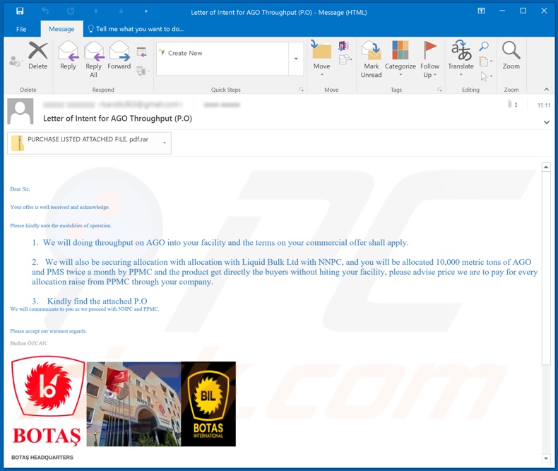 BOTAS malware-spreading email spam campaign