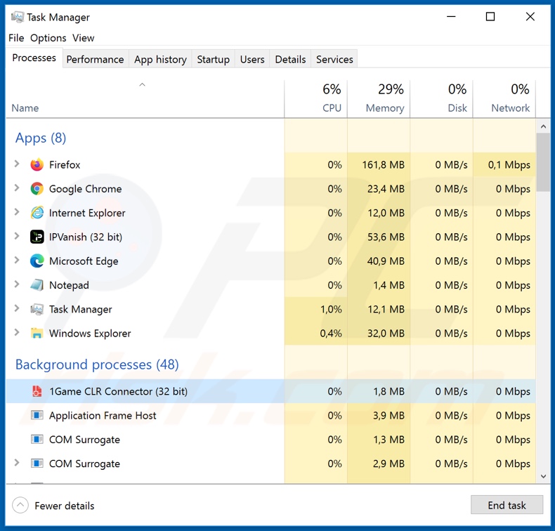 TrickBot trojan process on task manager (1Game CLR Connector)