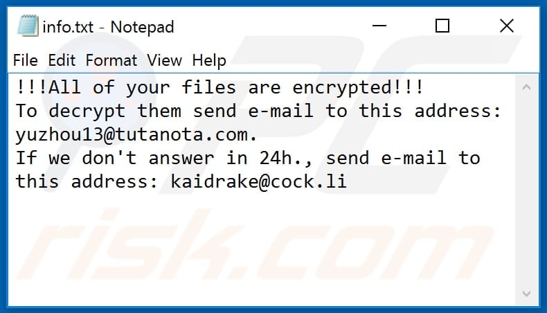 Chinz ransomware text file (info.txt)