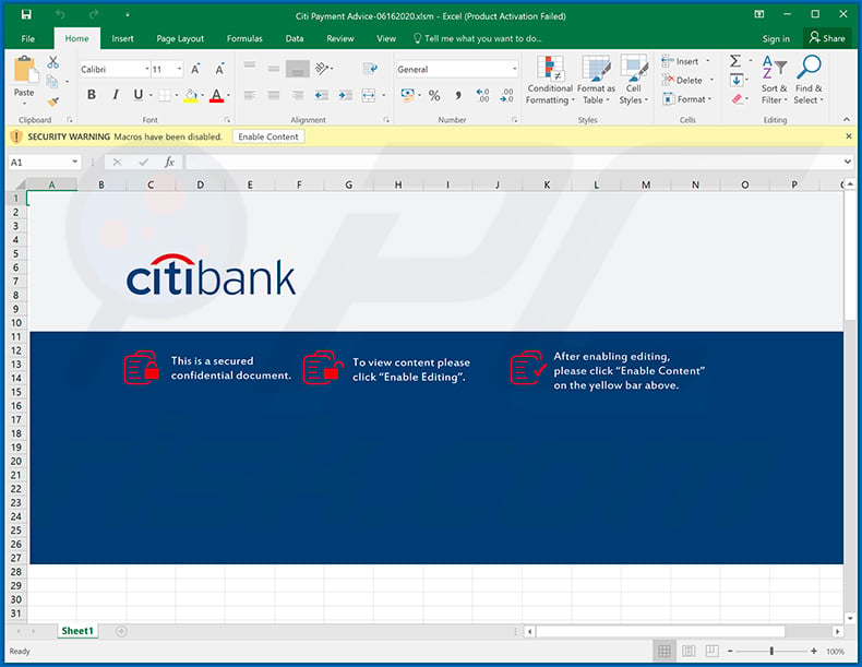 CitiBank-themed excel document injecting Remcos RAT
