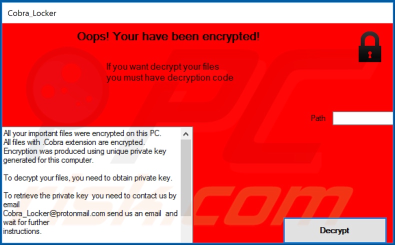 Cobra Locker decrypt instructions (pop-up)