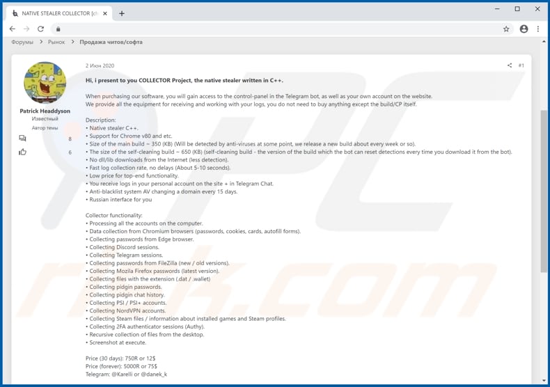 collectorstealer malware on hacker forum