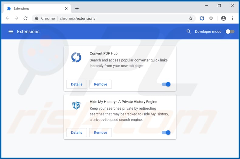 Removing hp.hconvertpdfhub.com related Google Chrome extensions