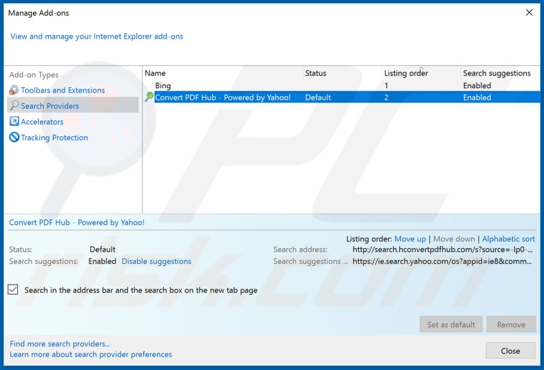 Removing hp.hconvertpdfhub.com from Internet Explorer default search engine