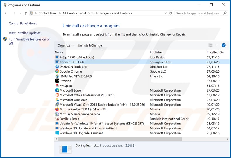 hp.hconvertpdfhub.com browser hijacker uninstall via Control Panel