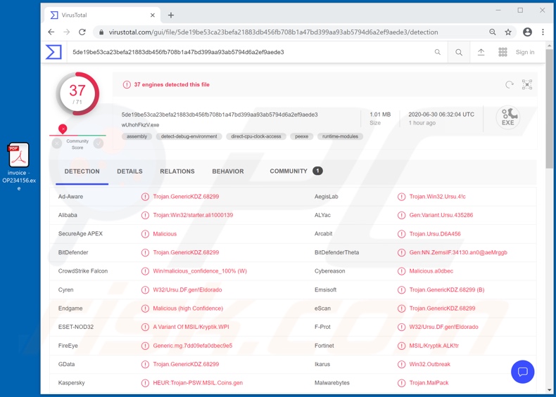 Covid-19 Health and Safety Plan email malicious attachment detections (invoice - OP234156.exe)