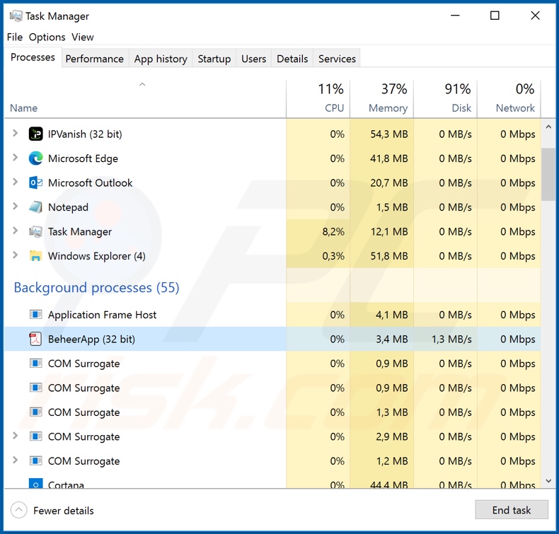 Agent Tesla malware process on Task Manager (BeheerApp)