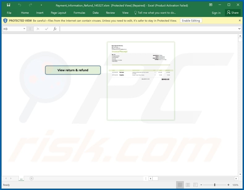 Malicious attachment distributed through Credit Card Refund spam campaign (Payment_information_Refund_145327.xlsm)