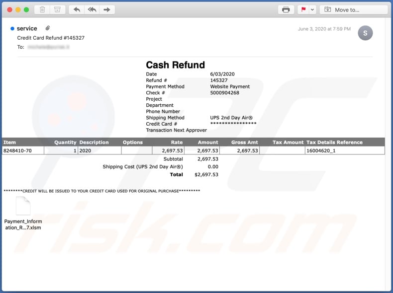 Credit Card Refund malware-spreading email spam campaign