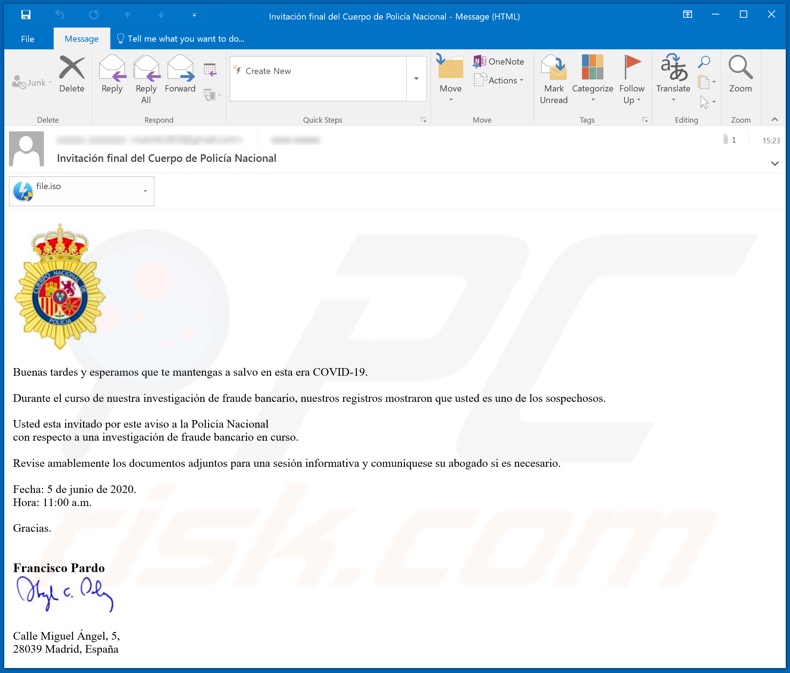 Cuerpo Nacional de Policía malware-spreading email spam campaign