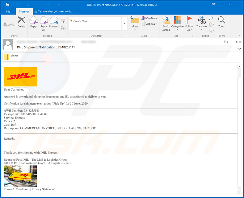 DHL-themed spam email designed to spread TrickBot trojan