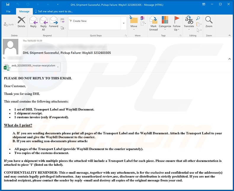 DHL-themed spam email used to spread Dridex malware