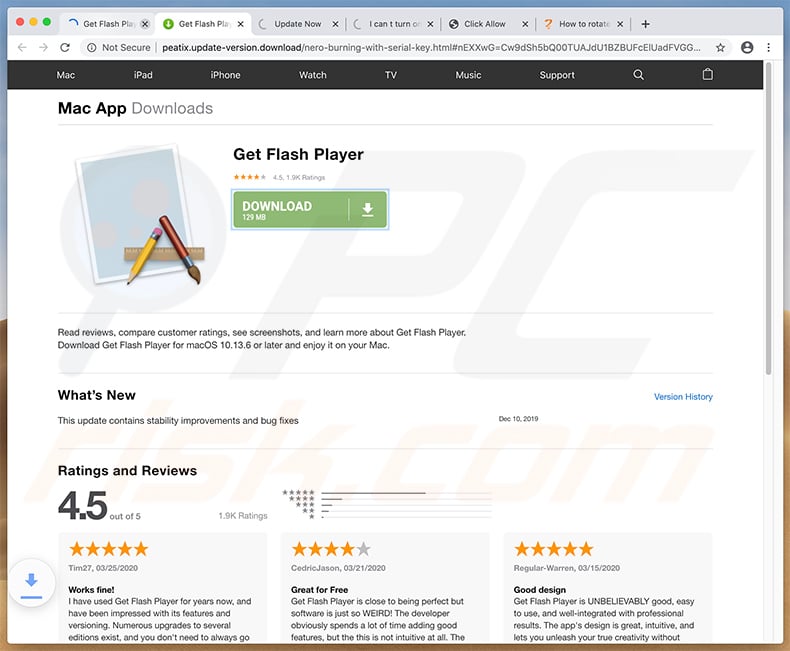 Fake Apple website (peatix.update-version.download) promoting a fake Flash Player installer