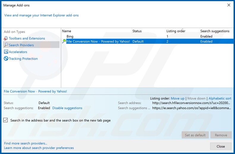 Removing hfileconversionnow.com from Internet Explorer default search engine