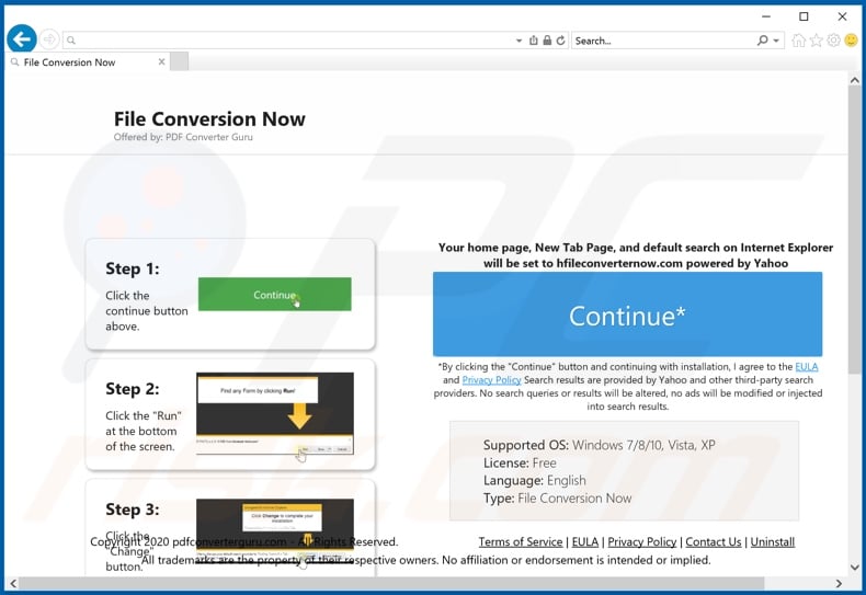 Website used to promote File Conversion Now browser hijacker (Internet Explorer)