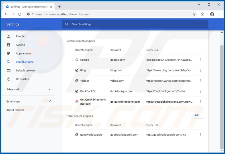 Removing getquickdirections.com from Google Chrome default search engine