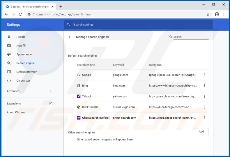 Removing ghost-search.com from Google Chrome default search engine
