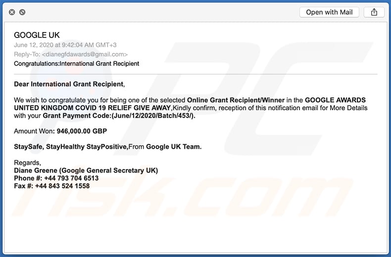 Google Winner scam email (2020-06-12)