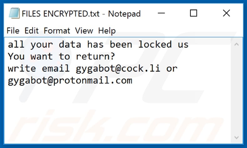 Gyga ransomware text file (FILES ENCRYPTED.txt)