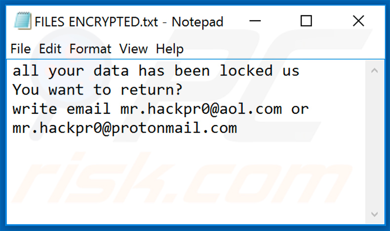 Text file (FILES ENCRYPTED.txt) dropped by .hack (Dharma) ransomware