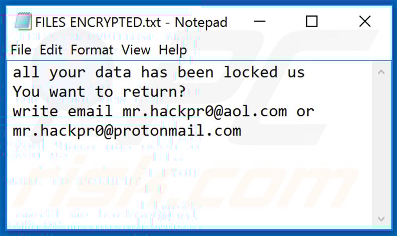 Text file (FILES ENCRYPTED.txt) dropped by .hack (Dharma) ransomware