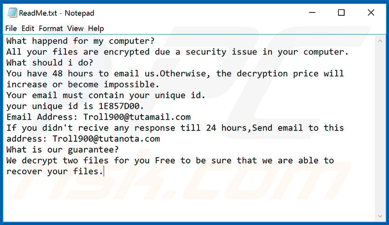 Ransom note of a Harma-impersonating ransomware (ReadMe.txt)