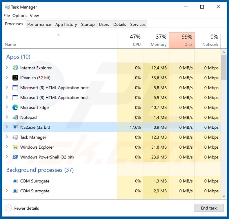 HCK ransomware process on Task Manager (NS2.exe)