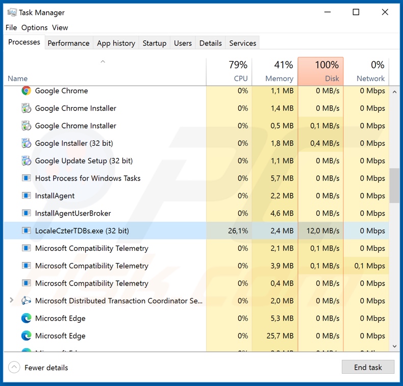 Hex911 ransomware process on task manager (LocaleCzterTDBs.exe)