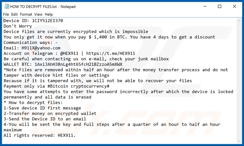 Hex911 ransomware text file (HOW TO DECRYPT FILES.txt)