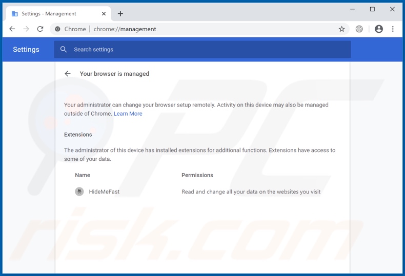 Managed by your organisation feature added to Chrome by HideMeFast