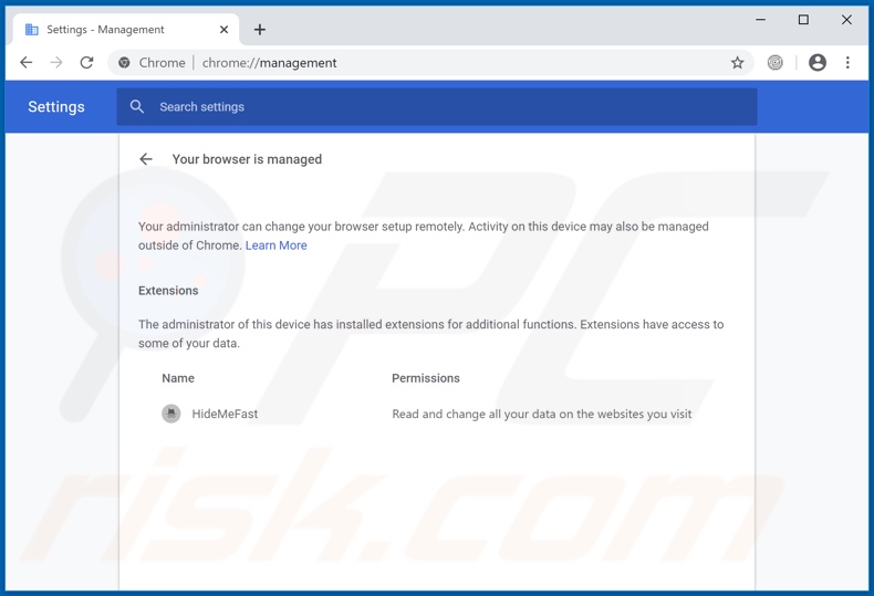 Managed by your organisation feature added to Chrome by HideMeFast
